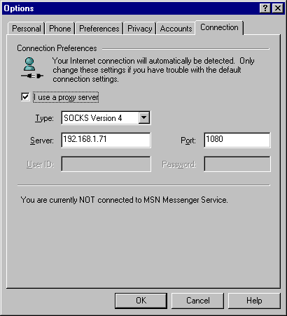 MSN Messenger settings for SOCKS