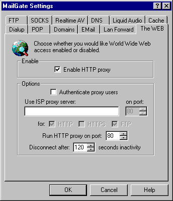 MailGate Web tab settings for HTTP